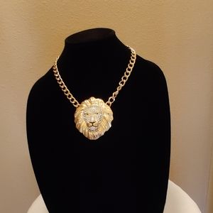 Gold Lion Head Necklace with Rhinestones